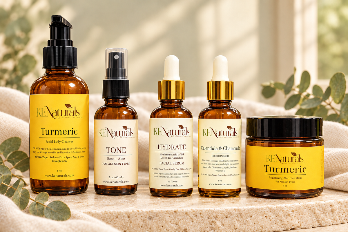 KE Naturals lineup with all amber glass containers