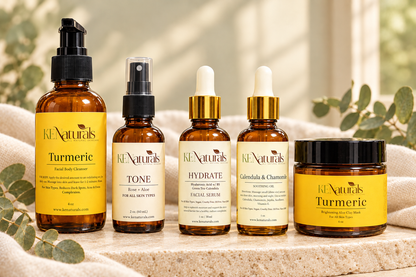 KE Naturals lineup with all amber glass containers